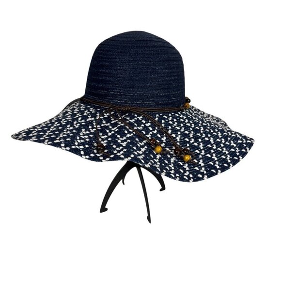 Fashion Hat Wide Brim Woven Sun Hat Beaded String Band Blue NWT 9039 - Picture 2 of 16